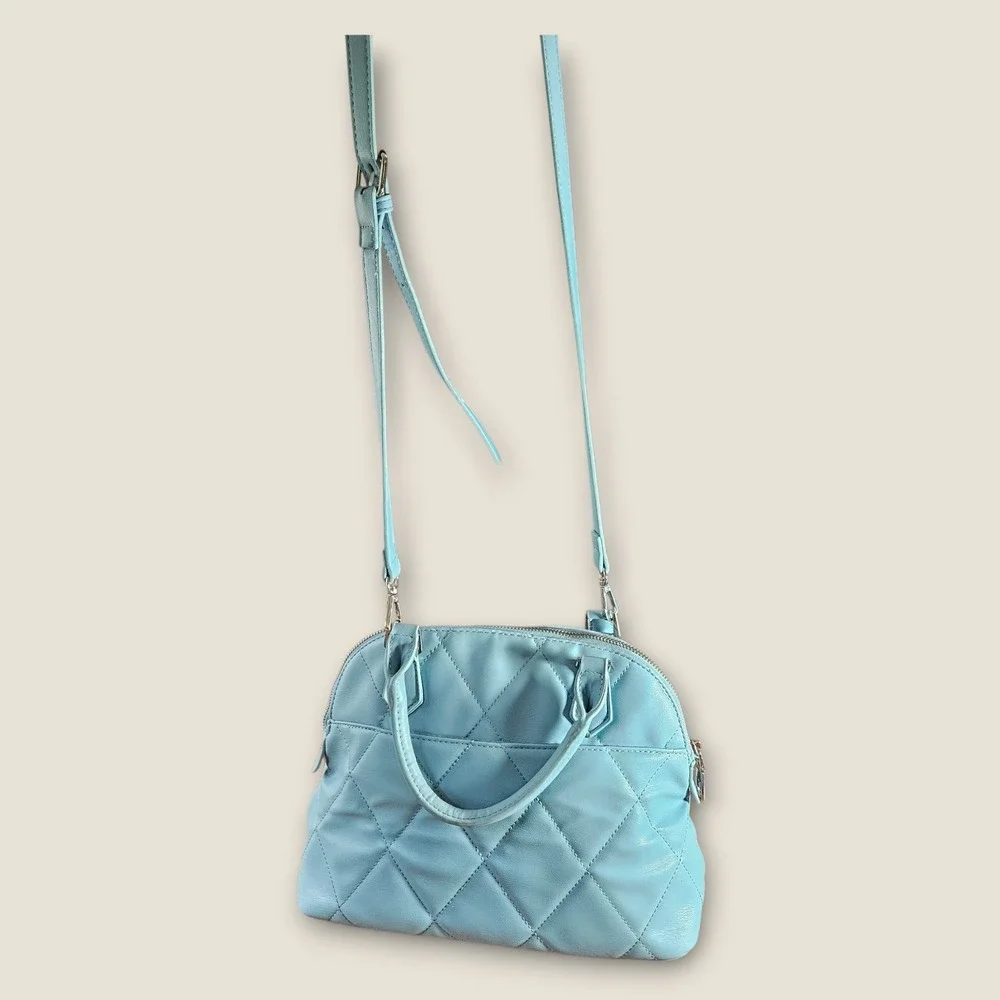 Badgley Mischka Blue Quilted Dome Satchel Crossbody Studded Handbag Vegan
